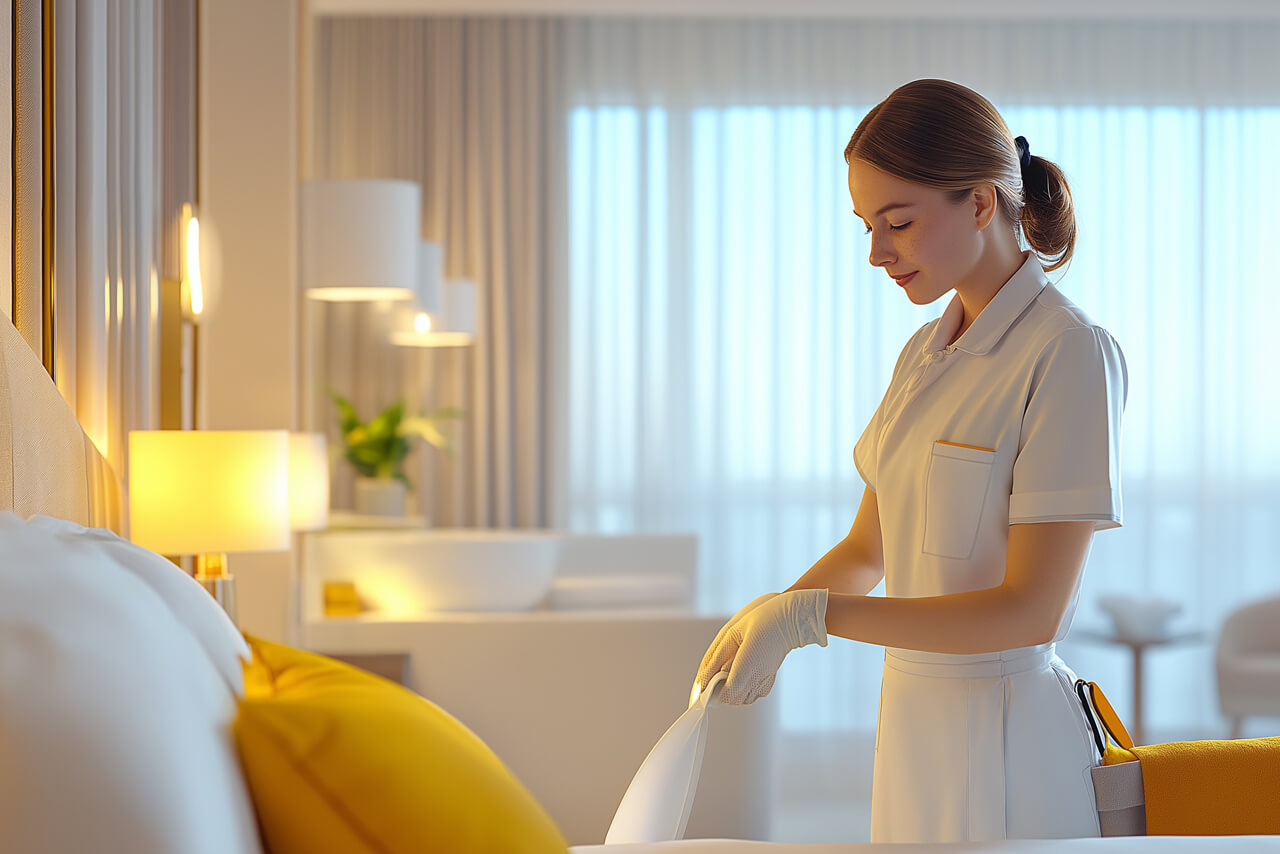 Zimmermädchen bereitet Hotelbett vor.