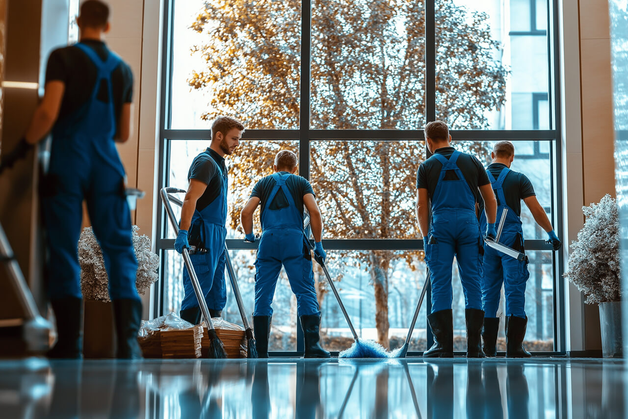 Reinigungskräfte putzen gemeinsam ein modernes Büro-Umgebung.