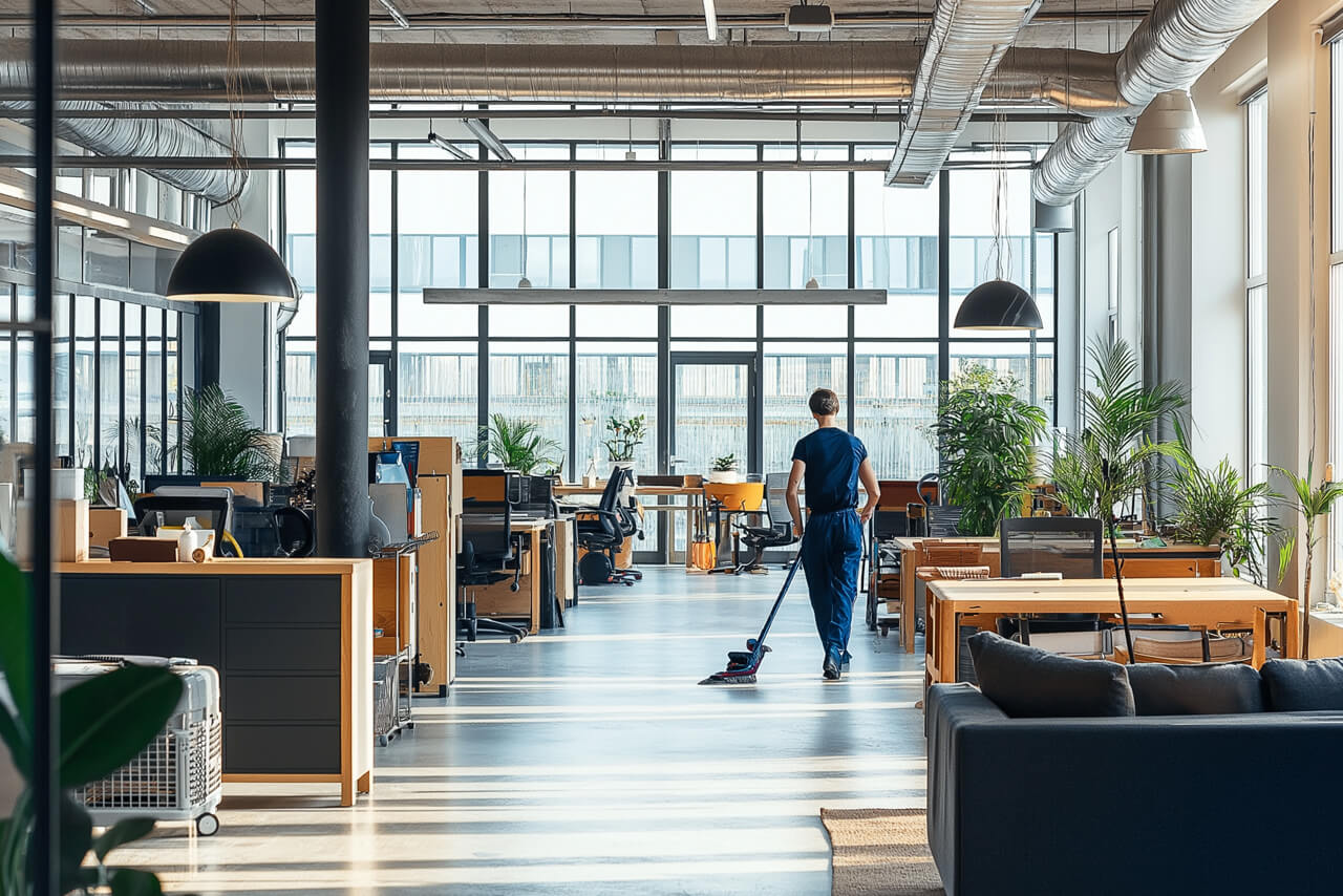 Ihre Reinigungsfirma in Düsseldorf Ein Mitarbeiter reinigt den Boden eines Großraumbüros. Durch die komplett verglasten Außenwände dringt viel Tageslicht hinein.