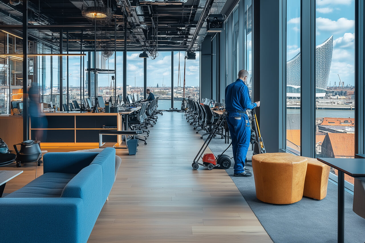 Ihre Reinigungsfirma in Hamburg Ein Mitarbeiter reinigt den Boden eines Großraumbüros. Durch die komplett verglaste Außenwand kann man direkt den nicht weit entfernten Kölner Dom sehen.