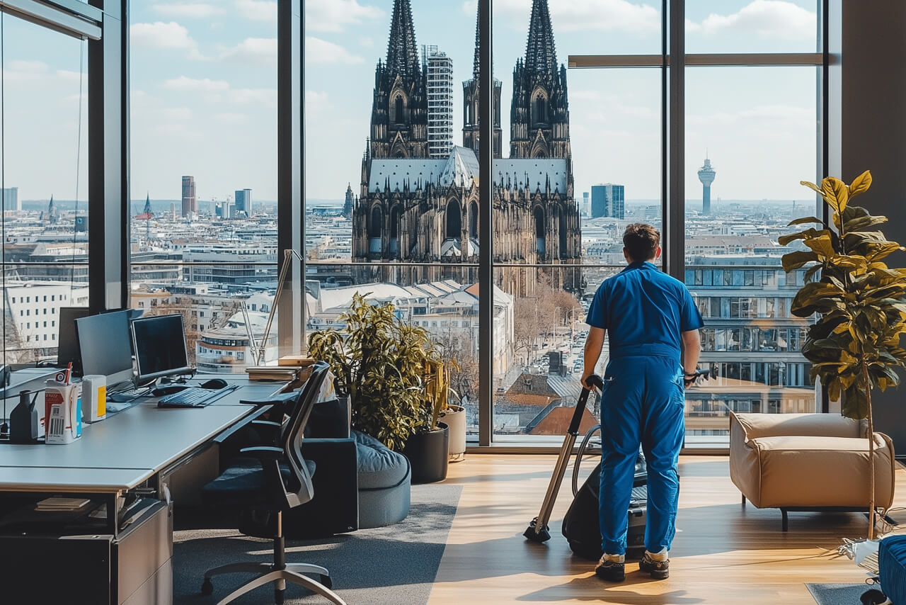 Ein Mitarbeiter reinigt den Boden eines Großraumbüros. Durch die komplett verglaste Außenwand kann man direkt den nicht weit entfernten Kölner Dom sehen.