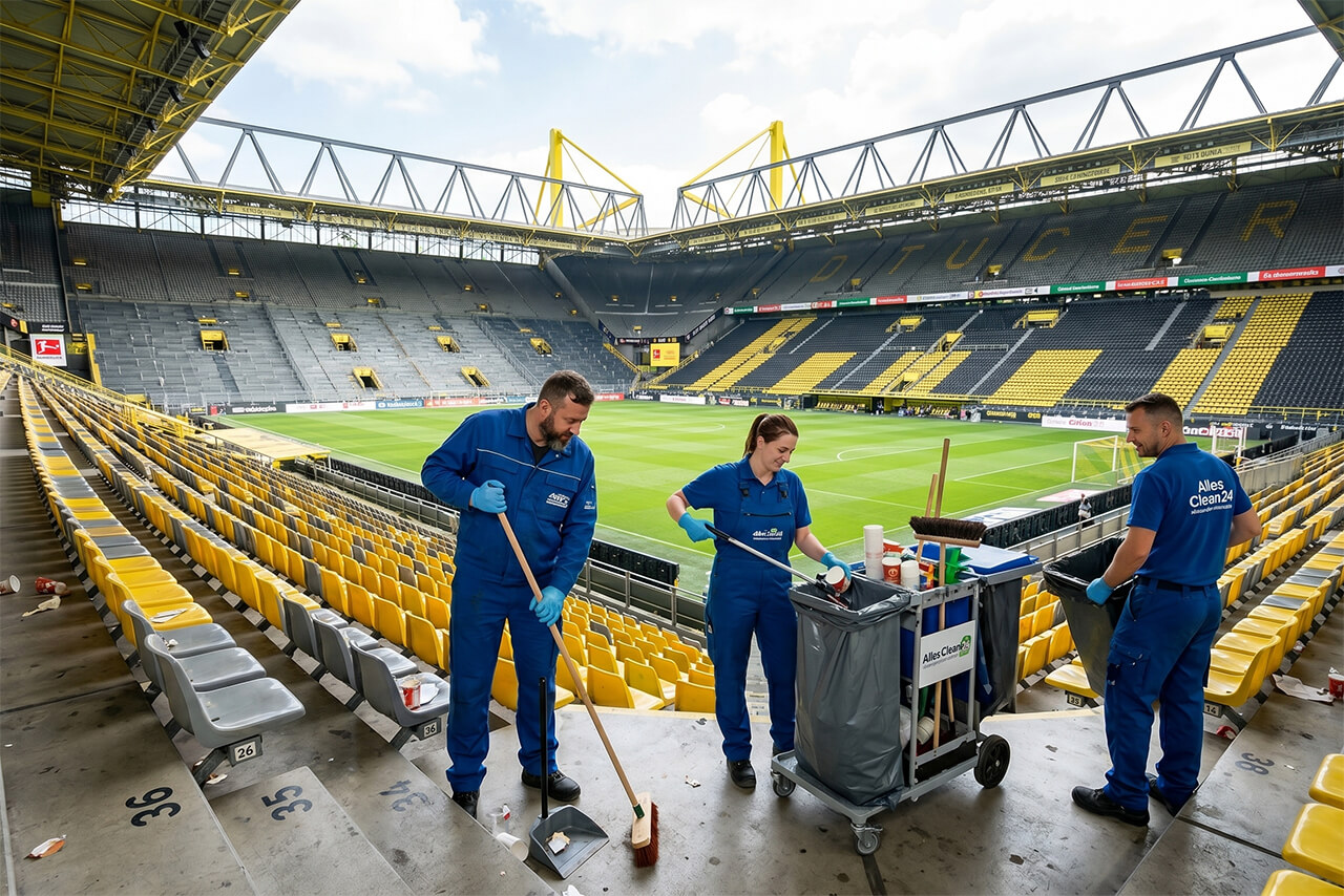 Stadienreinigung auf den Tribünen nach Veranstaltung.