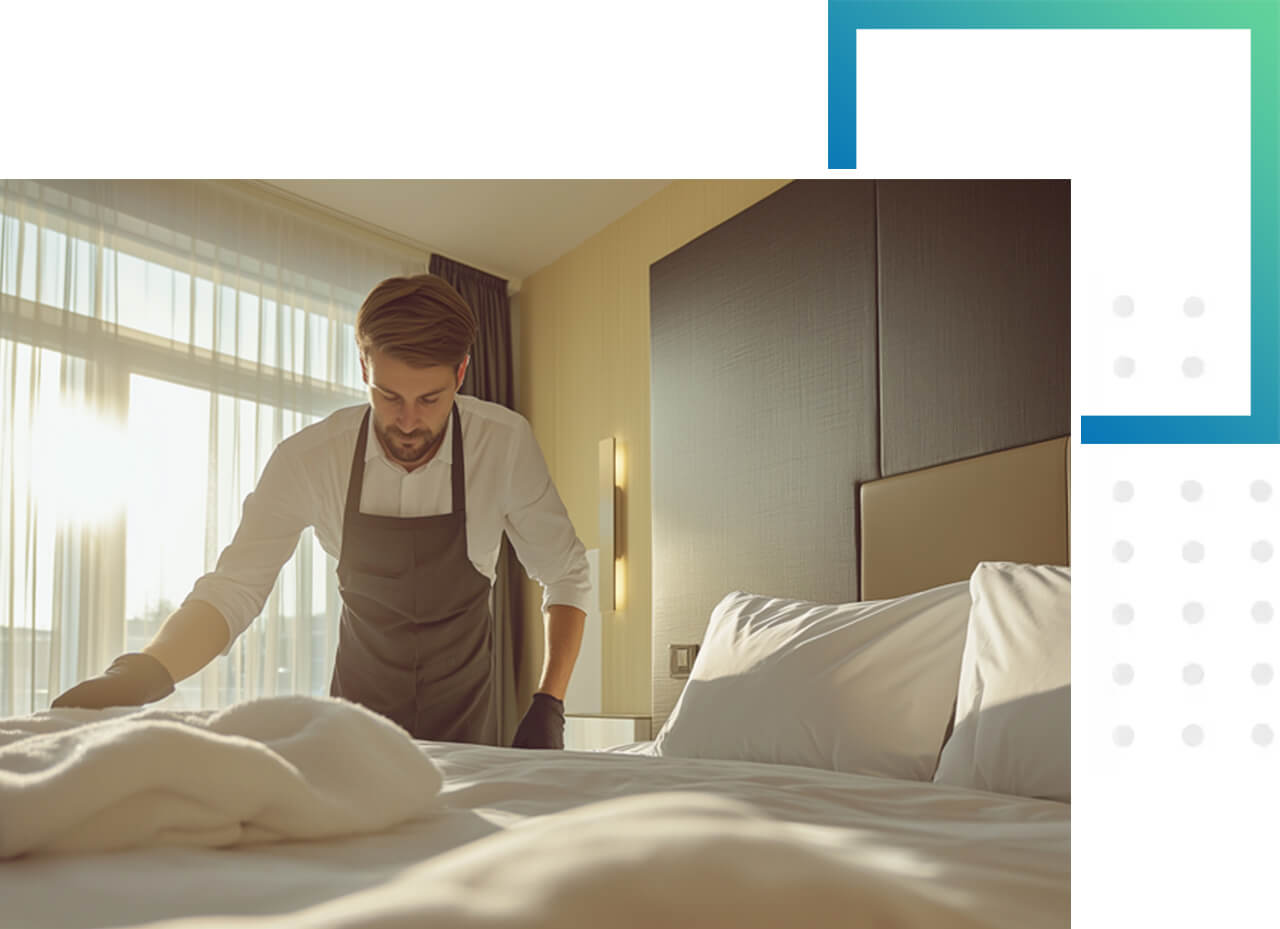 Hotelmitarbeiter richtet frisch bezogenes Bett her.