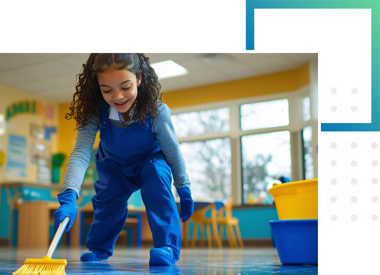 Eine Gebäudereinigung schafft eine angenehme Spiel- und Lernumgebung. Kinder, ausgestattet mit einem Besen, haben großen Spaß beim Aufräumen und Reinigen ihres Spielraums in der Kita.