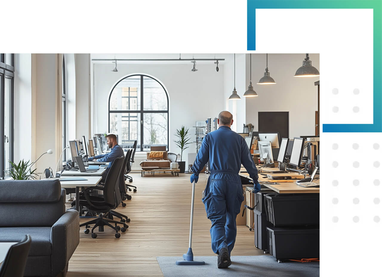 Gründliche Reinigung für produktive, gepflegte Arbeitsplätze. Ein Mitarbeiter in Arbeitskleidung reinigt den Boden in einem Büro. Gründliche Reinigung für efiziente Arbeitsergebnisse.