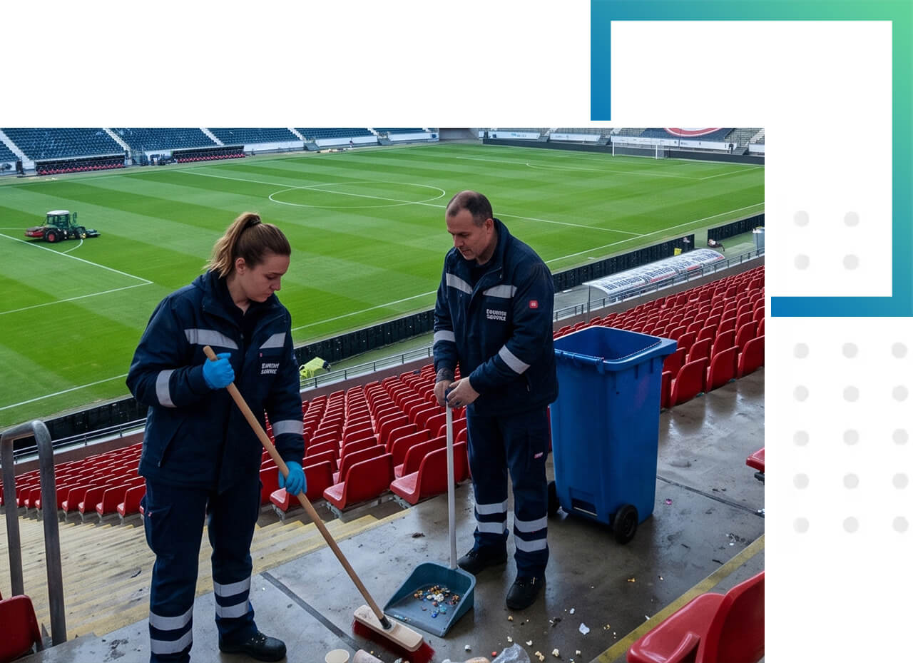 Stadienreinigung auf den Zuschauerrängen nach Spielende.