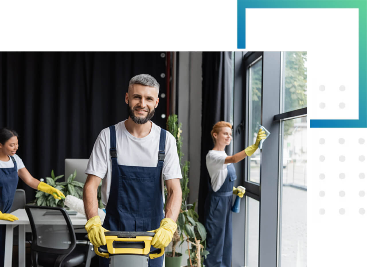 Sauberkeit und Hygiene für Vertrauen und Gesundheit. Drei Mitarbeitende in Arbeitskleidung reinigen Büro und Fenster. Unterhaltsreinigung für dauerhafte Sauberkeit.