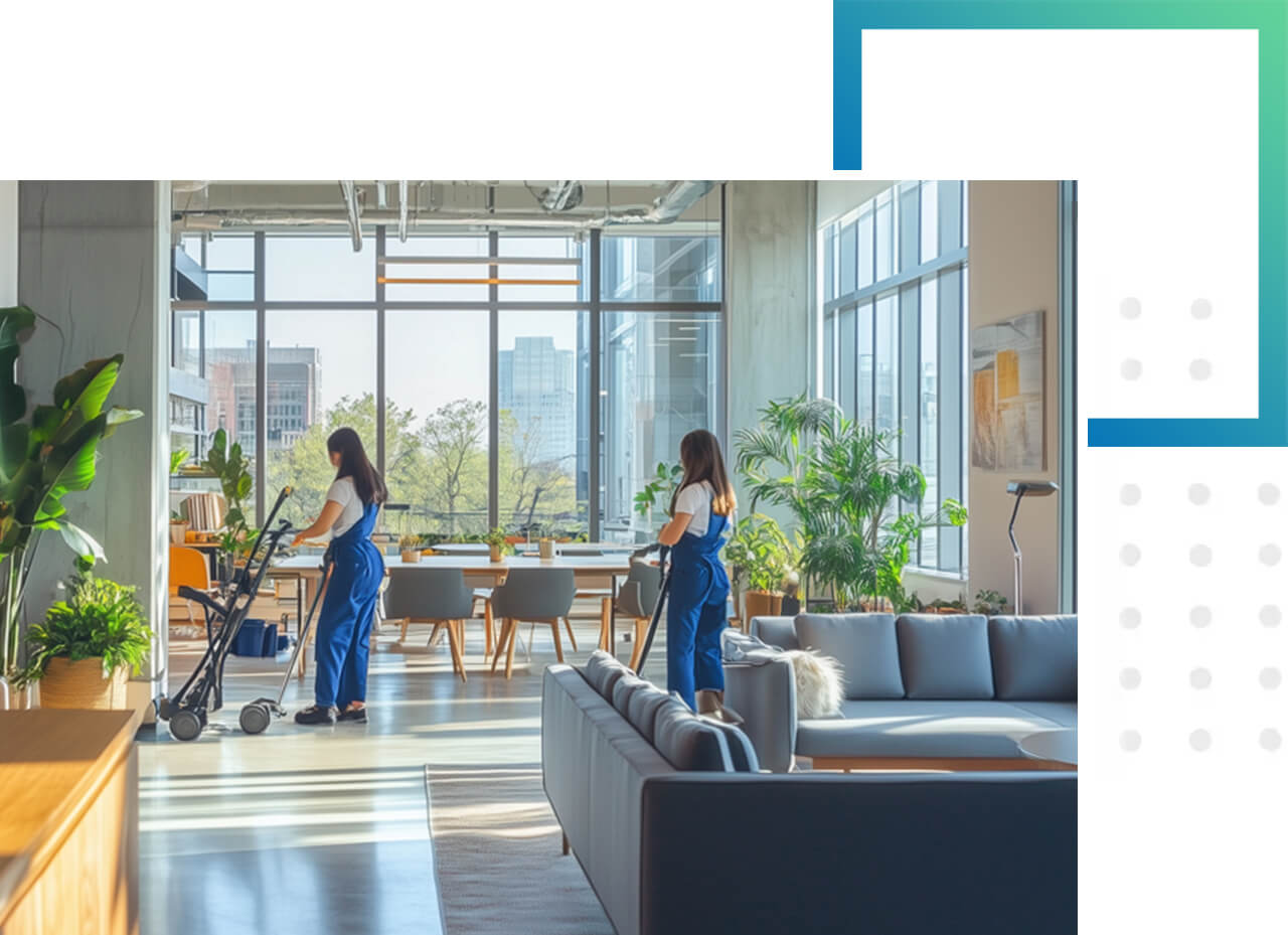 Regelmäßige Reinigung von Büros oder Geschäftsräumen in Berlin Zwei Mitarbeiterinnen unserer Reinigungsfirma reinigen ein Großraumbüro in Berlin. Durch große Fenster sieht man das wir uns in einer Großstatd befinden.